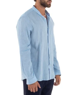Camicia Uomo Lino Sartoriale Collo Coreano Melangiata Celeste C3005A