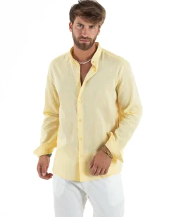 Camicia Uomo Lino Sartoriale Collo Coreano Melangiata Giallo C3007A
