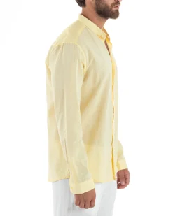 Camicia Uomo Lino Sartoriale Collo Coreano Melangiata Giallo C3007A