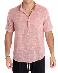 Camicia Uomo Manica Corta Collo Coreano Serafino Melangiata Rosso GIOSAL-CC1166A
