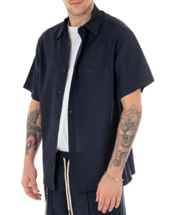 Camicia Uomo Manica Corta Lino Tinta Unita Blu Tasca Casual Colletto GIOSAL-CC1116A