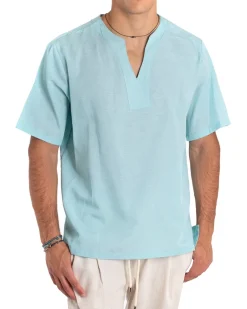 Camicia Uomo Manica Corta Tinta Unita Turchese Casacca Lino Casual GIOSAL-CC1153A