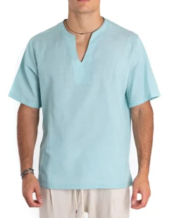 Camicia Uomo Manica Corta Tinta Unita Turchese Casacca Lino Casual GIOSAL-CC1153A