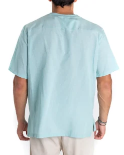 Camicia Uomo Manica Corta Tinta Unita Turchese Casacca Lino Casual GIOSAL-CC1153A