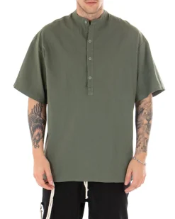 Camicia Uomo Manica Corta Tinta Unita Verde Collo Coreano Casual GIOSAL-CC1122A