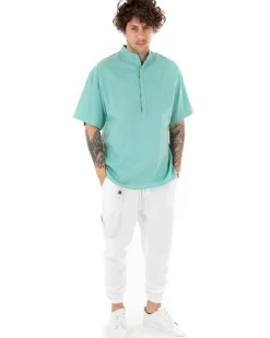 Camicia Uomo Manica Corta Tinta Unita Verde Acqua Collo Coreano Casual GIOSAL-CC1129A
