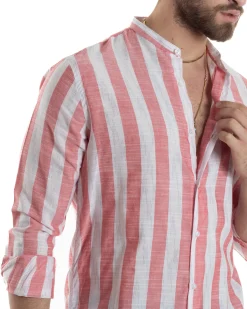 Camicia Uomo Manica Lunga A Righe Lino Collo Coreano Regular Fit Riga Larga Rosso GIOSAL-C2860A