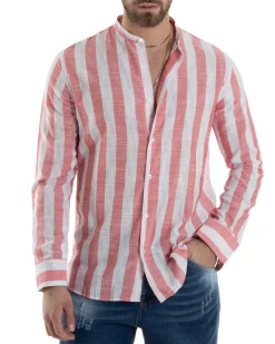 Camicia Uomo Manica Lunga A Righe Lino Collo Coreano Regular Fit Riga Larga Rosso GIOSAL-C2860A