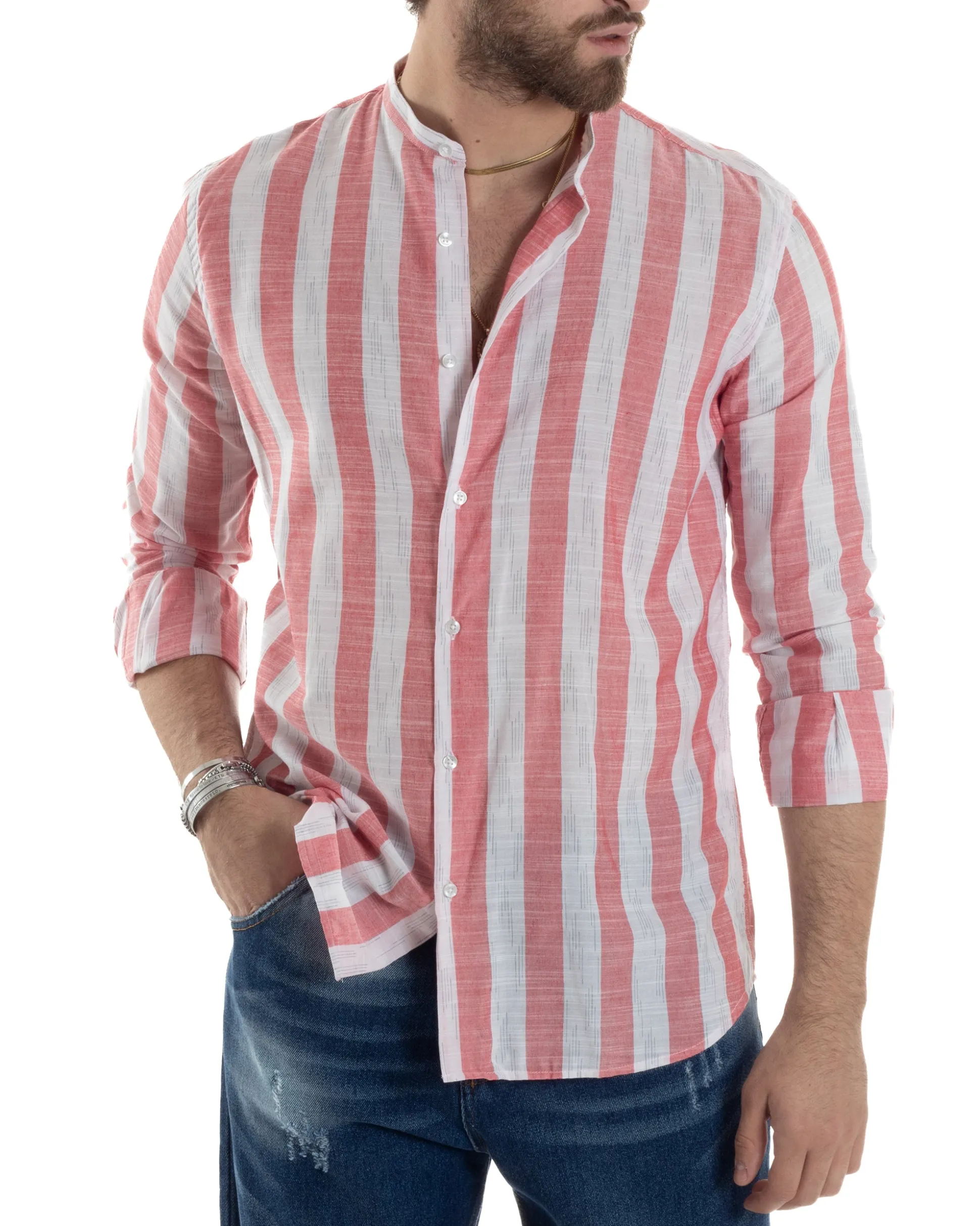 Camicia Uomo Manica Lunga A Righe Lino Collo Coreano Regular Fit Riga Larga Rosso GIOSAL-C2860A