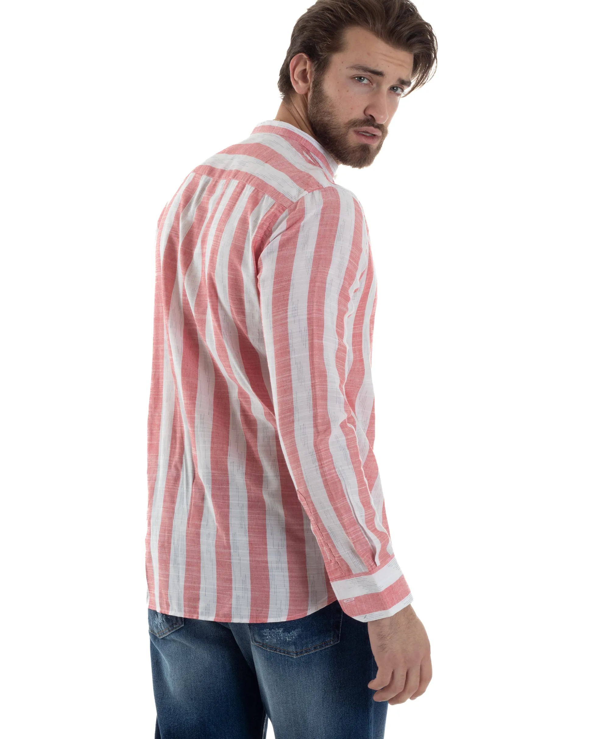 Camicia Uomo Manica Lunga A Righe Lino Collo Coreano Regular Fit Riga Larga Rosso GIOSAL-C2860A