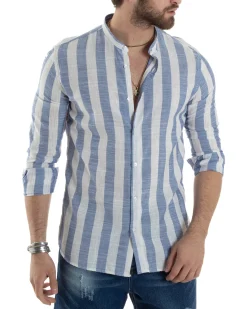 Camicia Uomo Manica Lunga A Righe Lino Collo Coreano Regular Fit Riga Larga Blu GIOSAL-C2861A