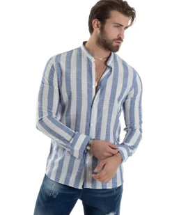 Camicia Uomo Manica Lunga A Righe Lino Collo Coreano Regular Fit Riga Larga Blu GIOSAL-C2861A