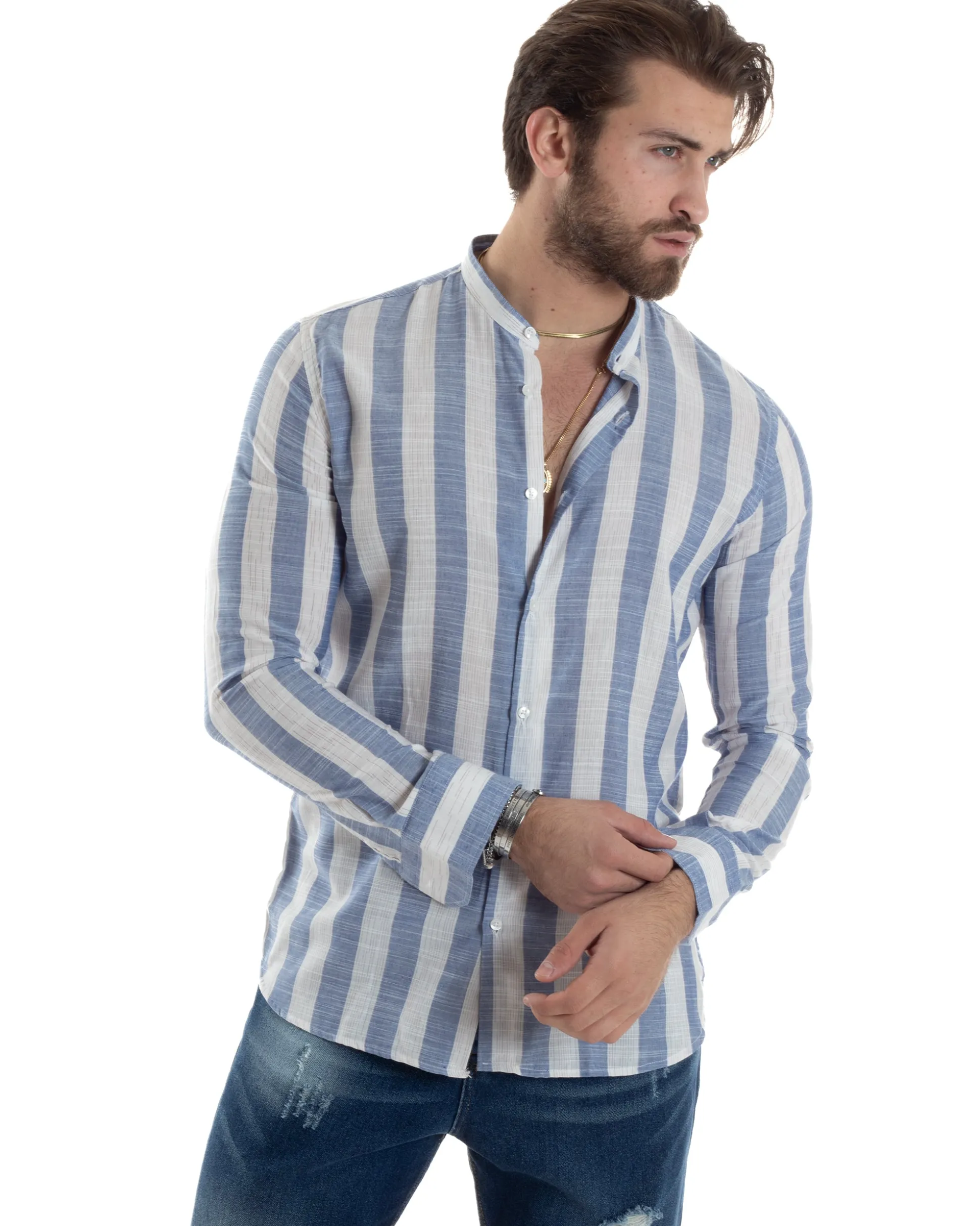 Camicia Uomo Manica Lunga A Righe Lino Collo Coreano Regular Fit Riga Larga Blu GIOSAL-C2861A