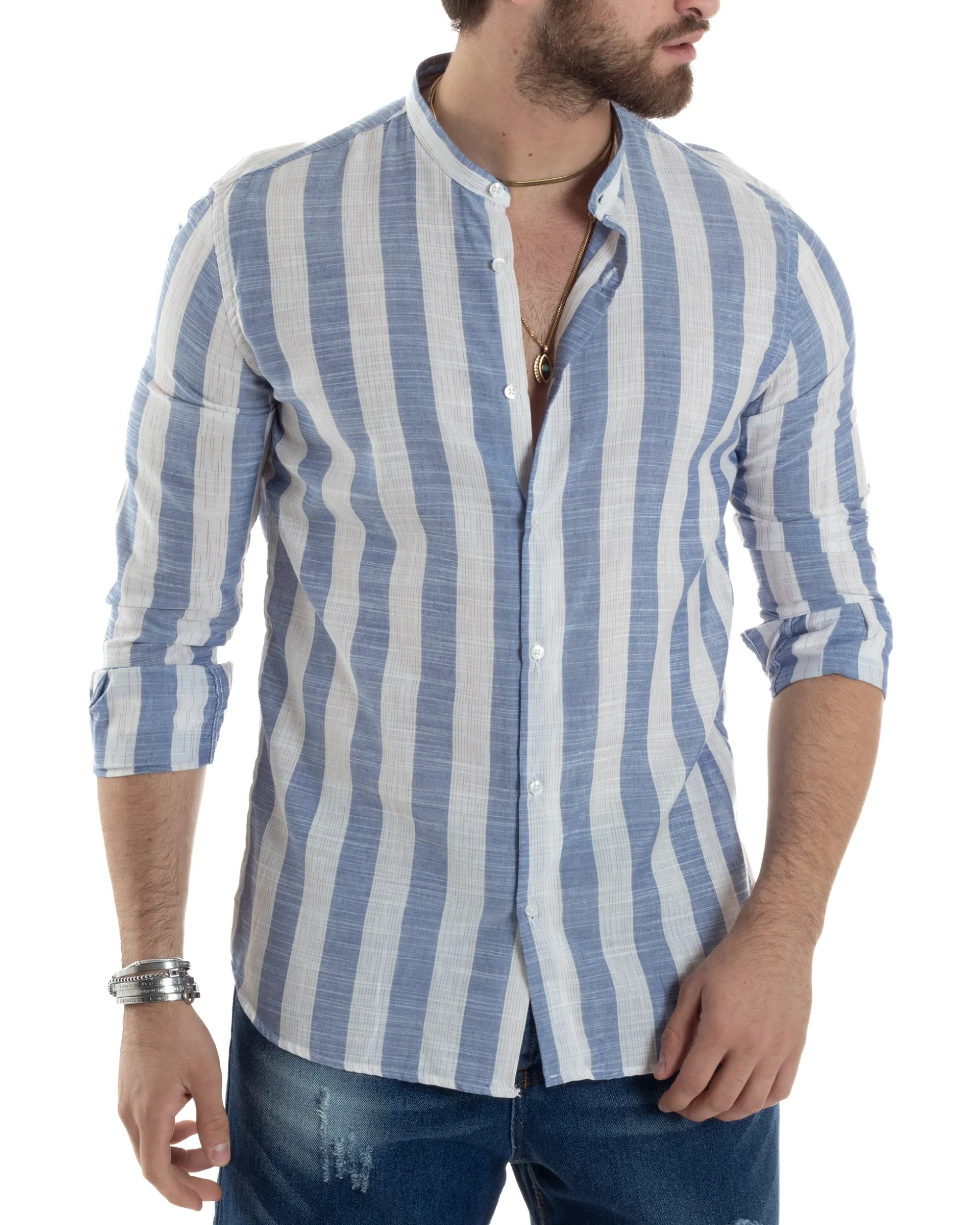 Camicia Uomo Manica Lunga A Righe Lino Collo Coreano Regular Fit Riga Larga Blu GIOSAL-C2861A