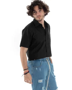 Camicia uomo maniche corte cropped taschino boxy fit nero GIOSAL-CC1175A
