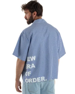 Camicia uomo maniche corte crop boxy fit quadri stampa retro blu GIOSAL-CC1228A