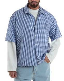 Camicia uomo maniche corte crop boxy fit quadri stampa retro blu GIOSAL-CC1228A