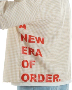 Camicia uomo maniche corte crop boxy fit quadri stampa retro beige GIOSAL-CC1229A