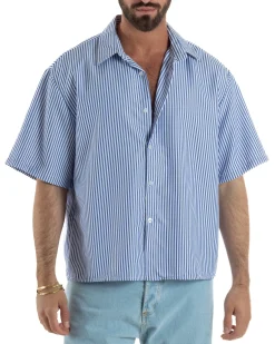 Camicia uomo maniche corte crop boxy fit rigata stampa retro blu GIOSAL-CC1230A
