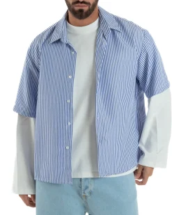 Camicia uomo maniche corte crop boxy fit rigata stampa retro blu GIOSAL-CC1230A