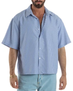 Camicia uomo maniche corte crop boxy fit rigata stampa retro blu GIOSAL-CC1230A