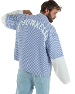 Camicia uomo maniche corte crop boxy fit rigata stampa retro blu GIOSAL-CC1230A
