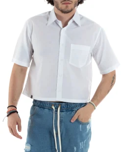 Camicia Uomo Maniche Corte Cropped Taschino Boxy Fit Bianco CC1195A