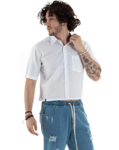 Camicia Uomo Maniche Corte Cropped Taschino Boxy Fit Bianco CC1195A