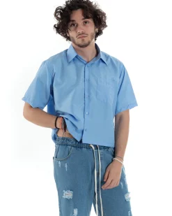 Camicia Uomo Maniche Corte Cropped Taschino Boxy Fit Celeste CC1192A