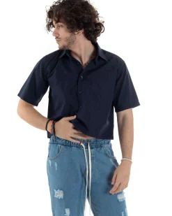 Camicia Uomo Maniche Corte Cropped Taschino Boxy Fit Blu CC1194A