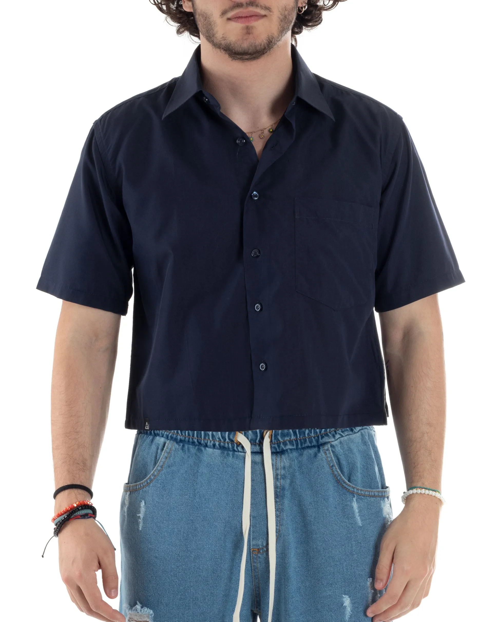 Camicia Uomo Maniche Corte Cropped Taschino Boxy Fit Blu CC1194A