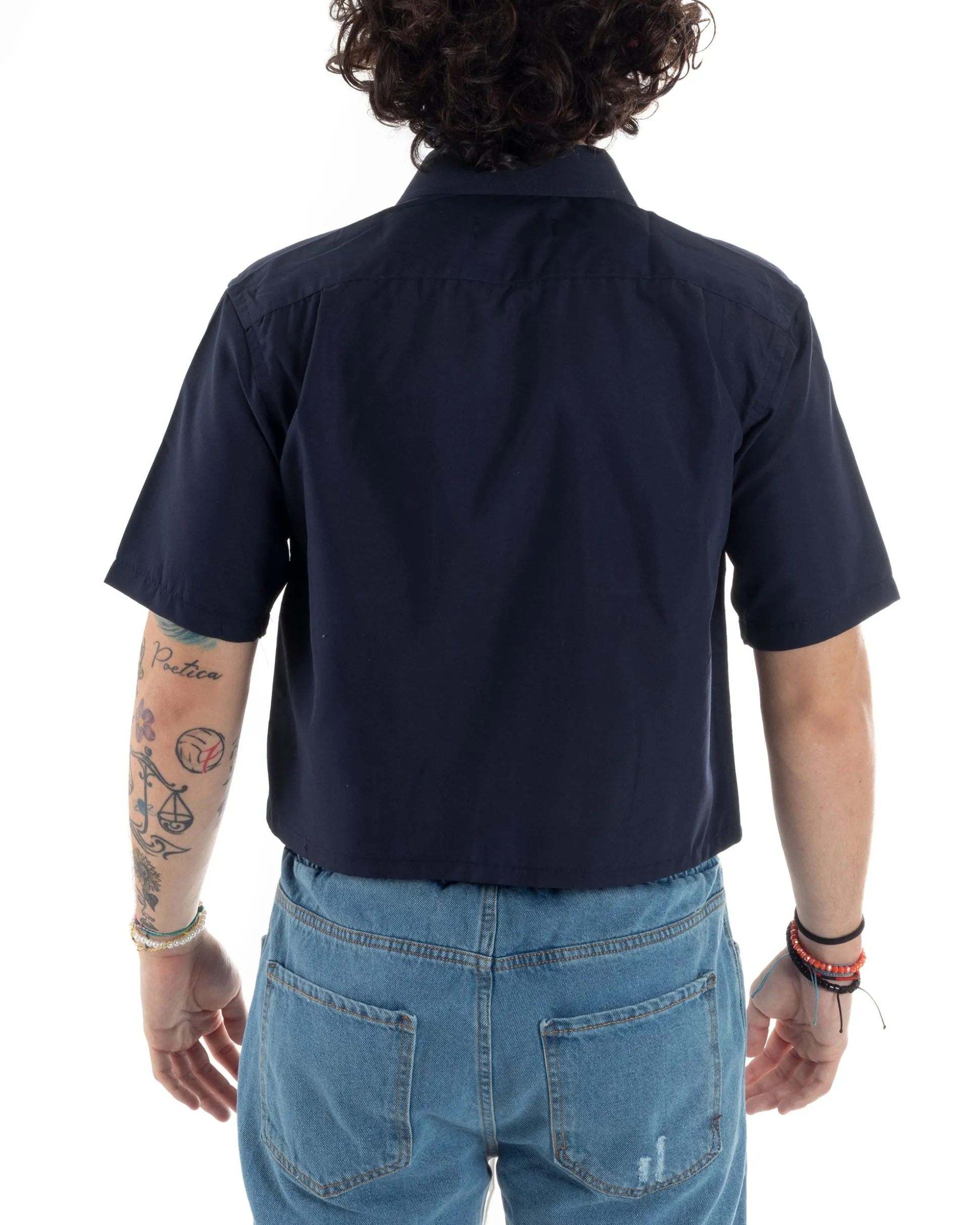 Camicia Uomo Maniche Corte Cropped Taschino Boxy Fit Blu CC1194A