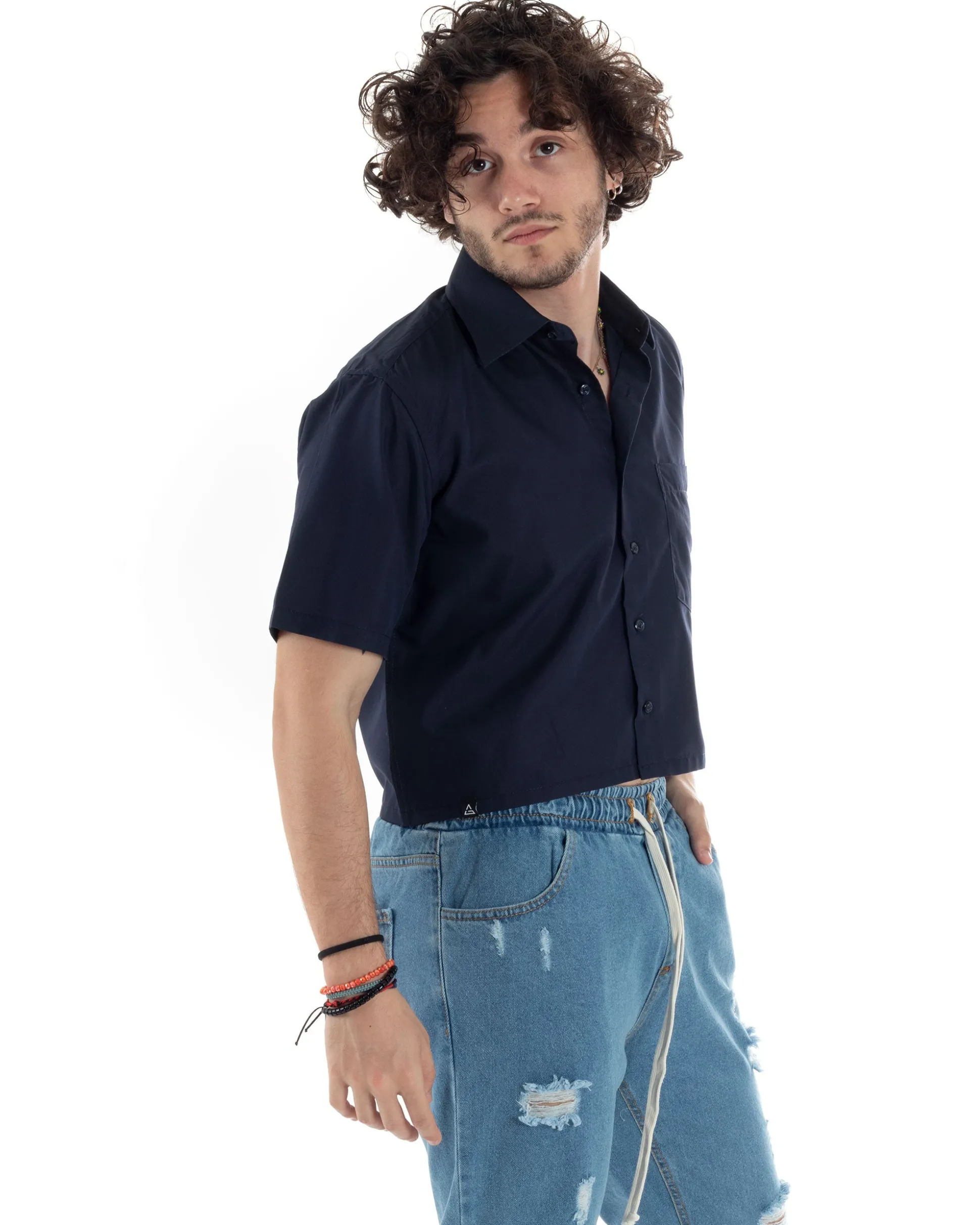 Camicia Uomo Maniche Corte Cropped Taschino Boxy Fit Blu CC1194A