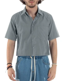Camicia Uomo Maniche Corte Cropped Taschino Boxy Fit Grigio CC1193A