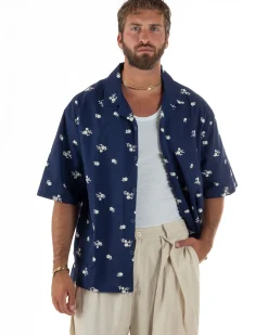 Camicia uomo maniche corte fantasia floreale ricamata collo rever blu GIOSAL-CC1234A