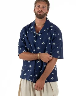 Camicia uomo maniche corte fantasia floreale ricamata collo rever blu GIOSAL-CC1234A