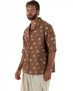 Camicia uomo maniche corte fantasia floreale ricamata collo rever marrone GIOSAL-CC1235A