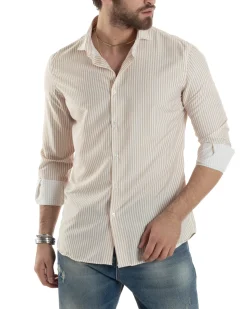 Camicia Uomo Maniche Lunghe Collo Francese Con Colletto Viscosa Regular Fit Riga Stretta Beige GIOSAL-C2856A
