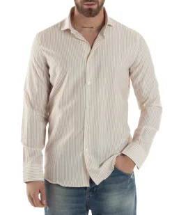 Camicia Uomo Maniche Lunghe Collo Francese Con Colletto Viscosa Regular Fit Riga Stretta Beige GIOSAL-C2856A
