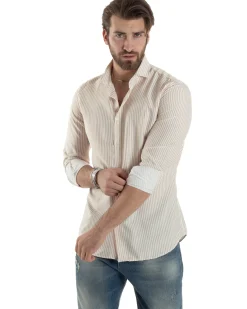 Camicia Uomo Maniche Lunghe Collo Francese Con Colletto Viscosa Regular Fit Riga Stretta Beige GIOSAL-C2856A
