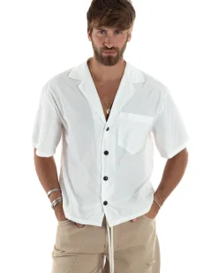 Camicia Uomo Mezze Maniche Nylon Casual Colletto Bowling Collo Con Rever Boxy Fit Tinta Unita Bianco GIOSAL-CC1206A