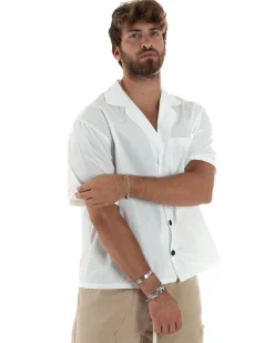 Camicia Uomo Mezze Maniche Nylon Casual Colletto Bowling Collo Con Rever Boxy Fit Tinta Unita Bianco GIOSAL-CC1206A