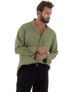 Camicia uomo oversize lino collo bowling relaxed fit scollo v verde oliva BERNA M-261223