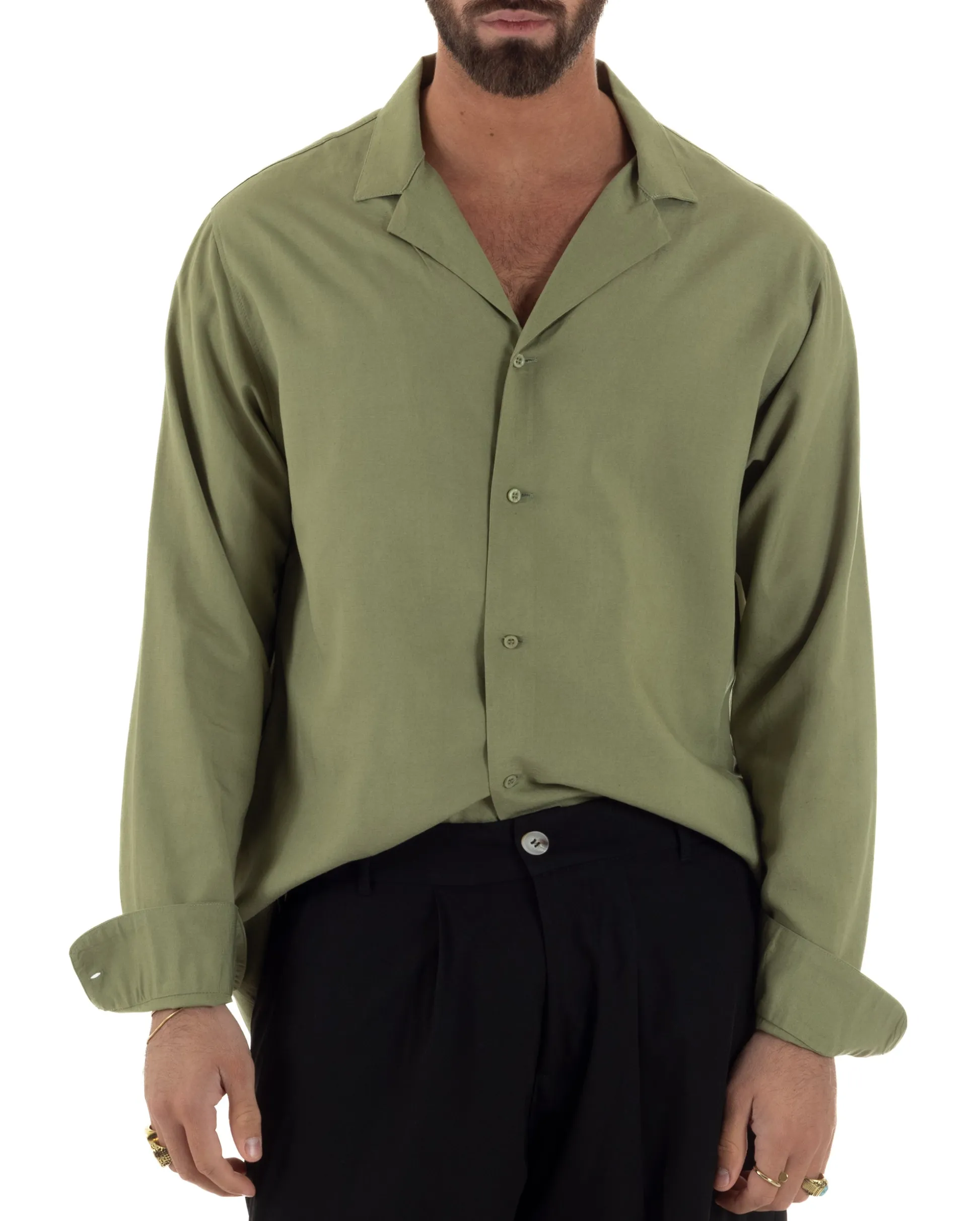 Camicia uomo oversize lino collo bowling relaxed fit scollo v verde oliva BERNA M-261223