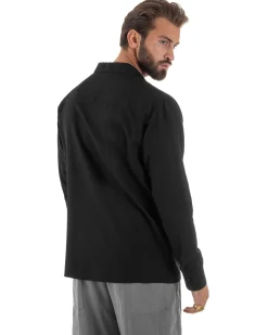 Camicia uomo oversize lino collo bowling relaxed fit scollo v nero BERNA M-261223