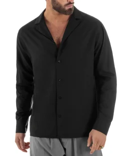 Camicia uomo oversize lino collo bowling relaxed fit scollo v nero BERNA M-261223