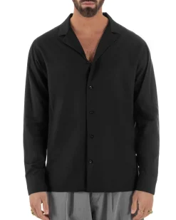 Camicia uomo oversize lino collo bowling relaxed fit scollo v nero BERNA M-261223