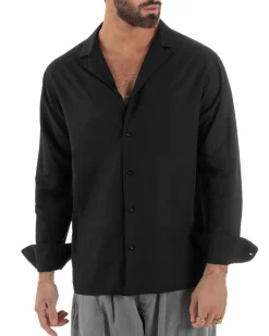 Camicia uomo oversize lino collo bowling relaxed fit scollo v nero BERNA M-261223