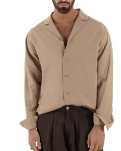 Camicia uomo oversize lino collo bowling relaxed fit scollo v camel BERNA M-261223