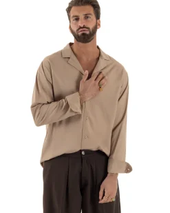 Camicia uomo oversize lino collo bowling relaxed fit scollo v camel BERNA M-261223